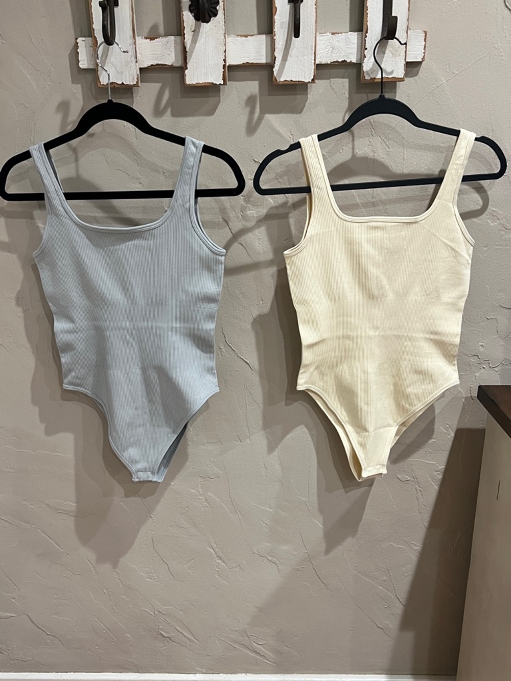 BUNDLE of 2: Ribbed Square-Neck Shaping Bodysuits- Light Blue & Cream